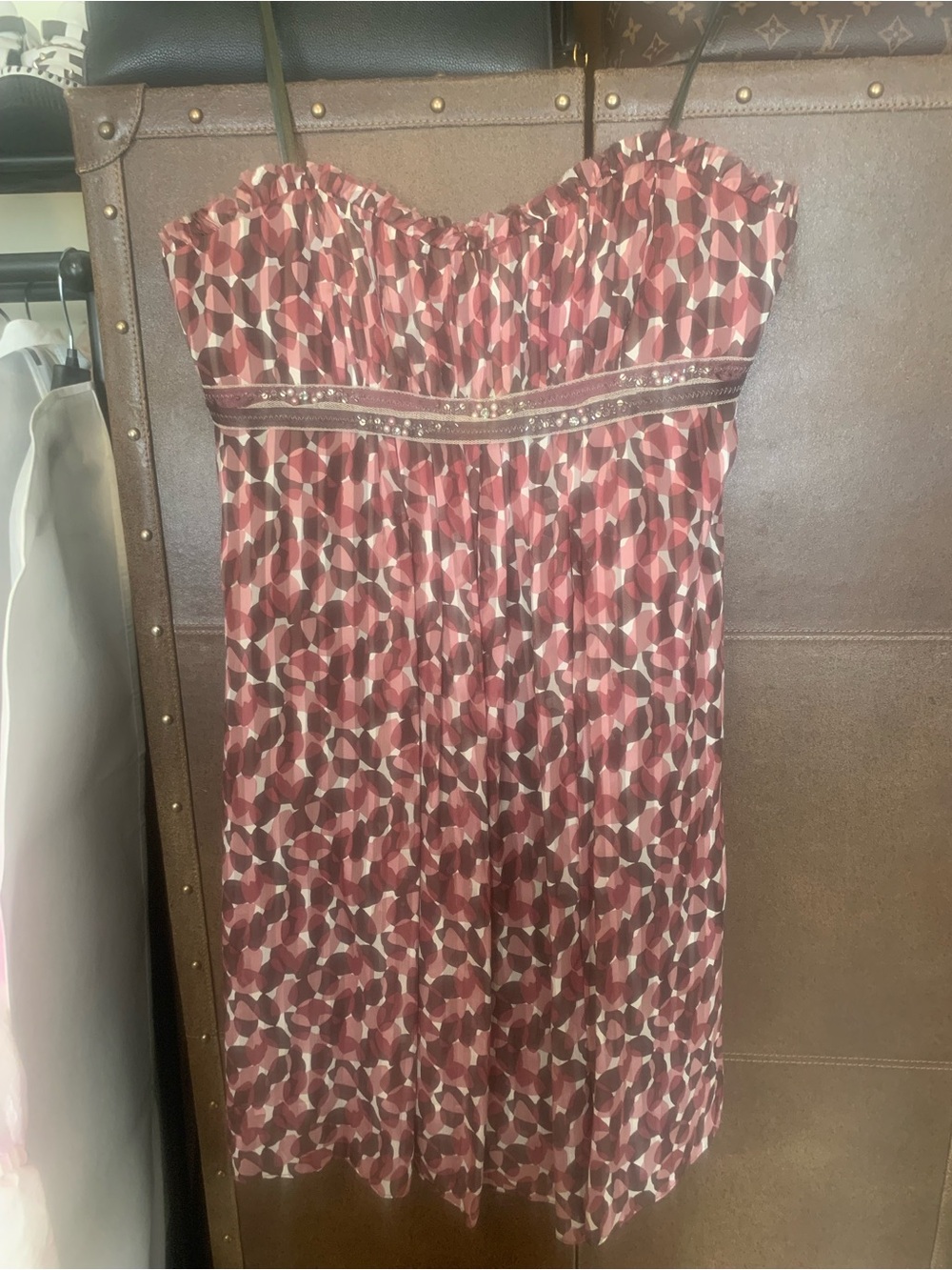BCBGMaxAzria Red and Brown Geometric Strapless Dress